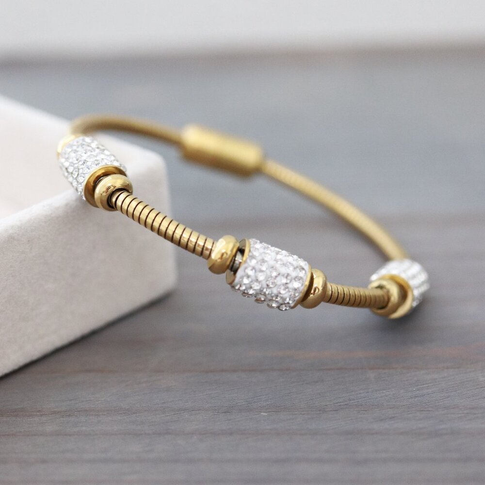 Snakeskin Style Magnetic Lock with Rhinestones Bangle Bracelet 18k Gold Plated